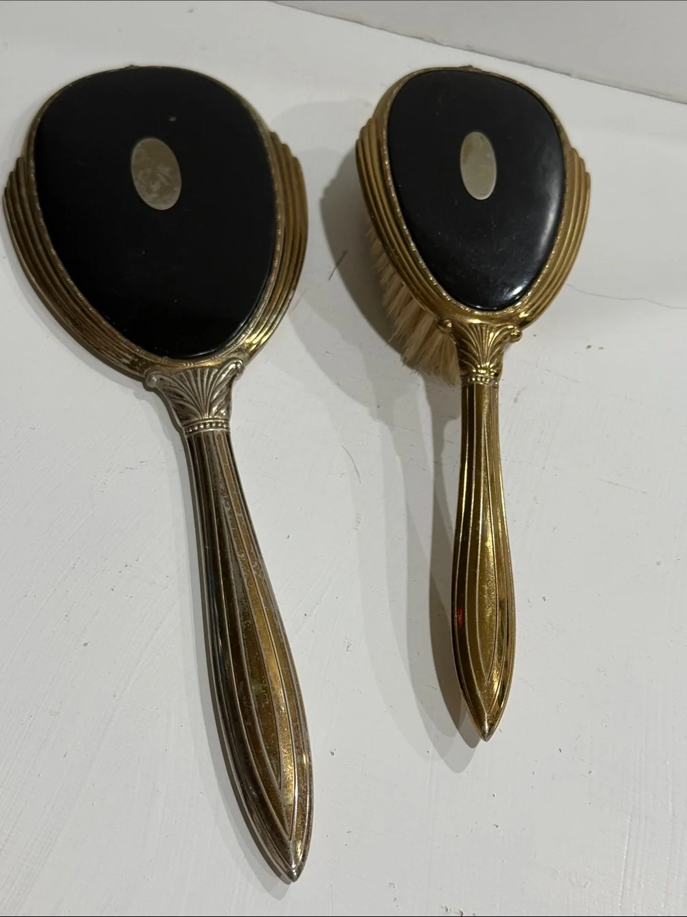 Vintage Art Deco Vanity Set Mirror & Brush Black Gold 1920’s